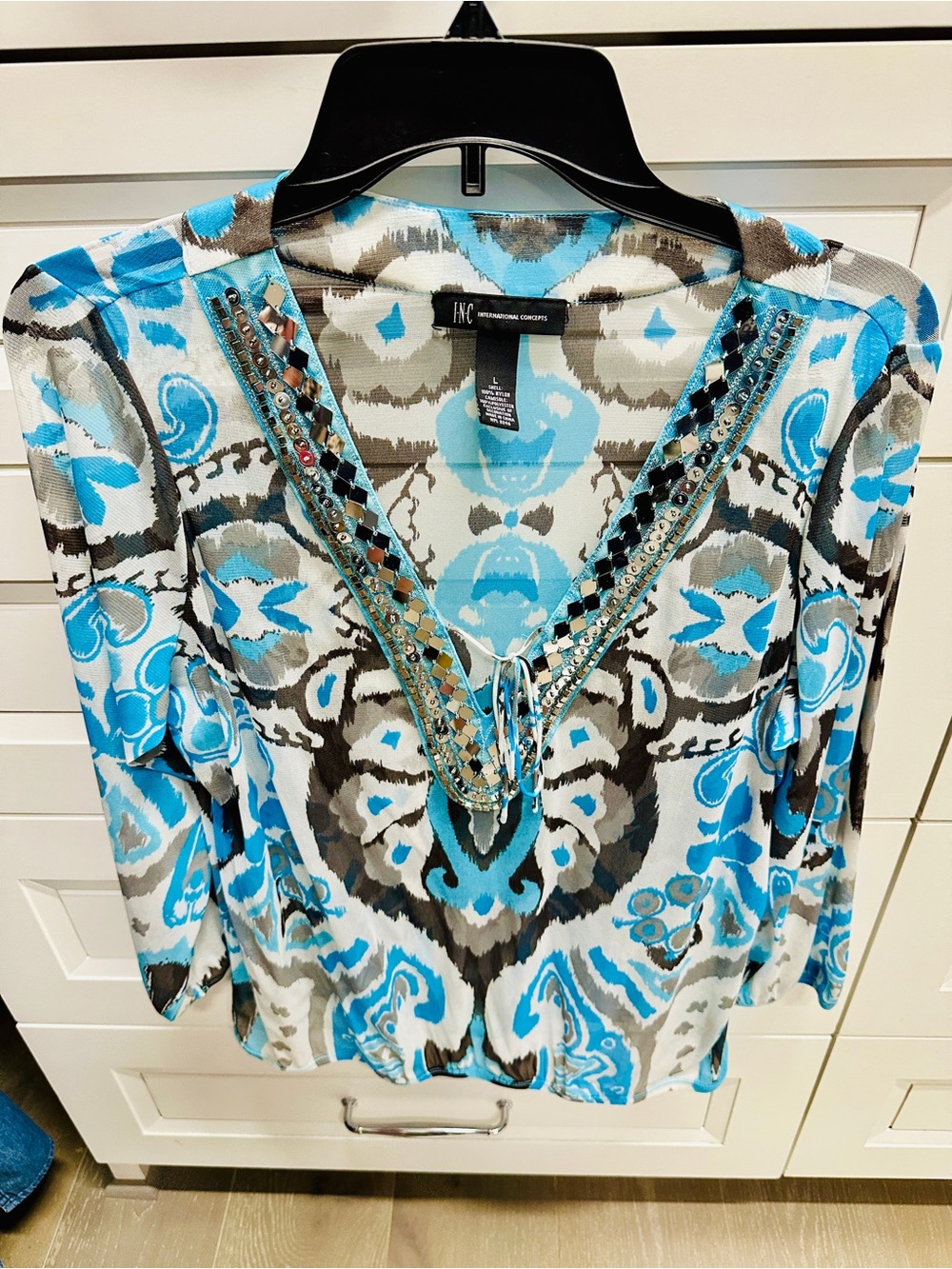 INC International Concepts Turquoise, Gray & White Beaded V-Neck Blouse